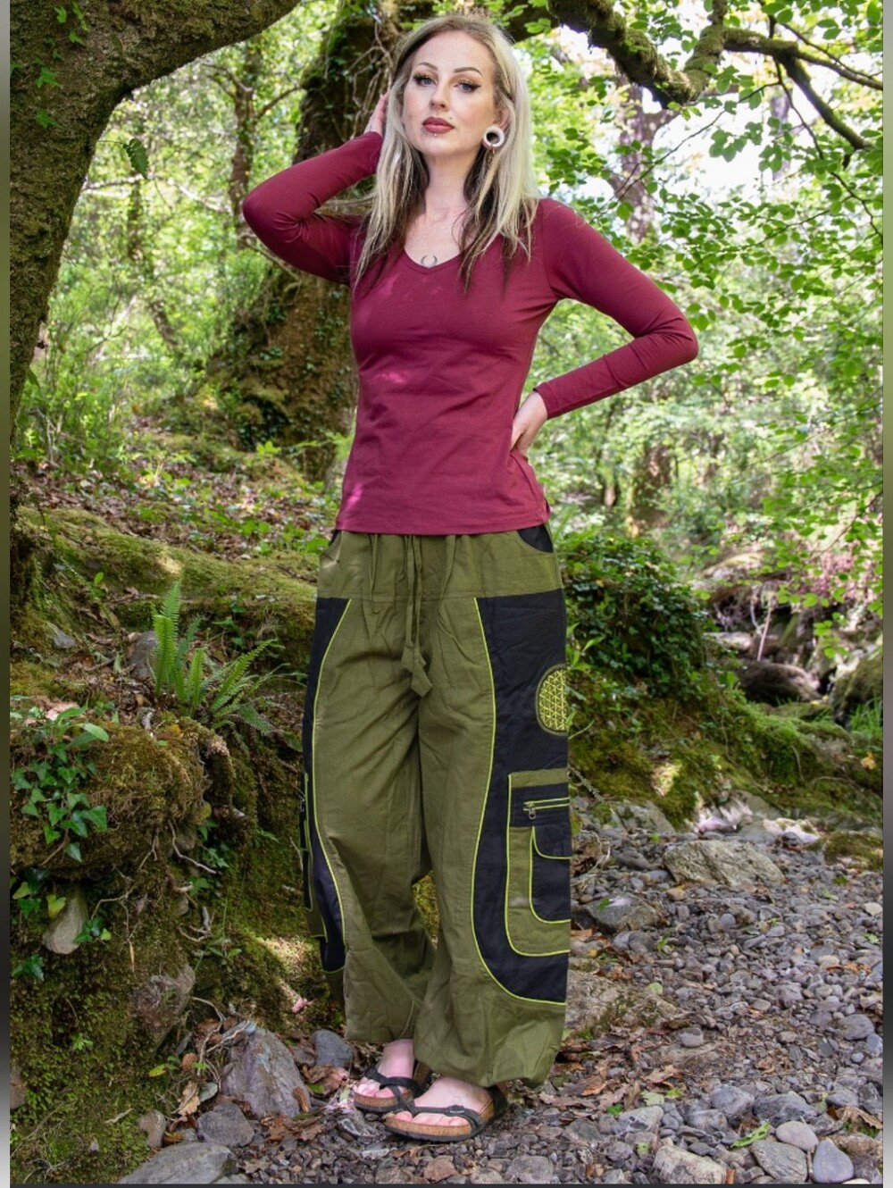 Himalaya Handmade 9 Pocket Harem Pant Unisex Sz S/M Green Black 100% Cotton